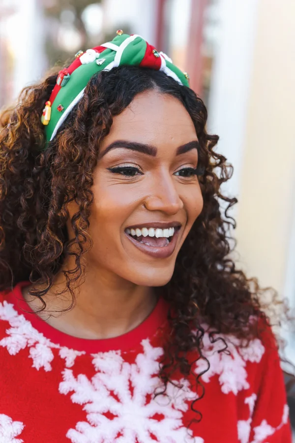 Santa Present Charms & Rhinestone Top Knot Holiday Headband - Image 3