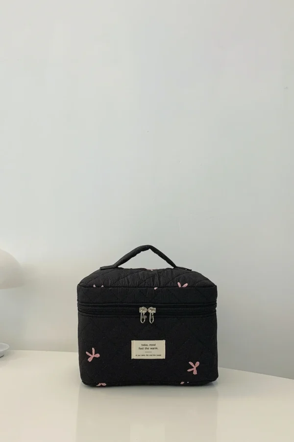 Bow Embroidered Quilted Storage Bag with Zip - Image 3