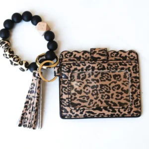 Leopard Print Silicone Bead Slim Wallet Wristlet with Tassel