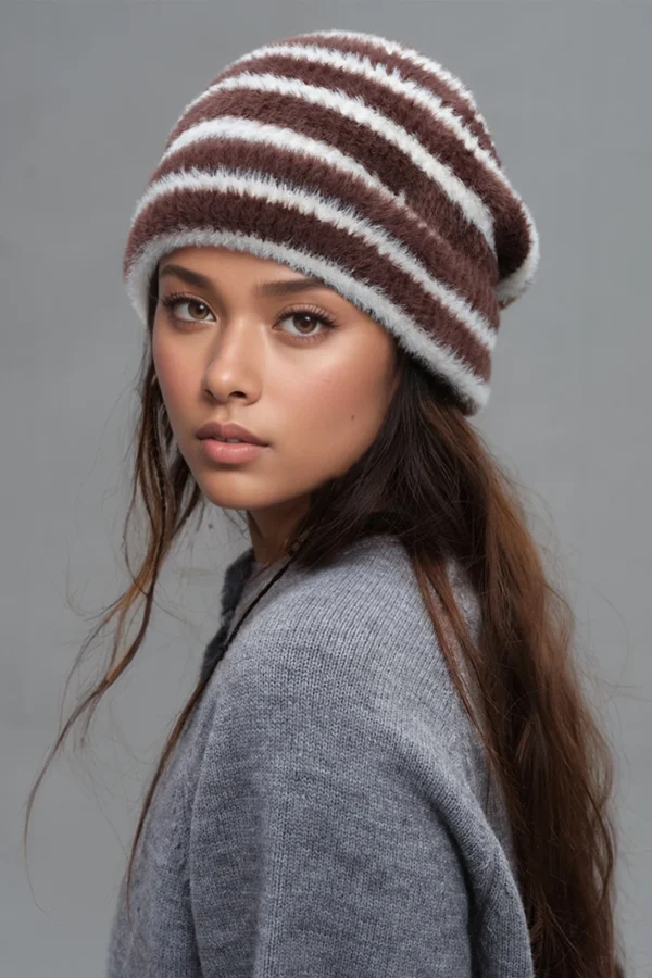 Fuzzy Contrast Striped Thermal Hat - Image 3