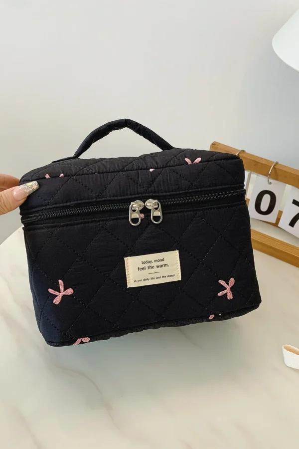 Bow Embroidered Quilted Storage Bag with Zip - Image 2