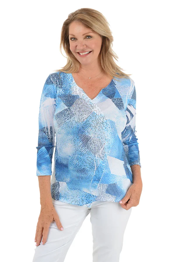 Denim Patches Sequined Surplice Knit Top